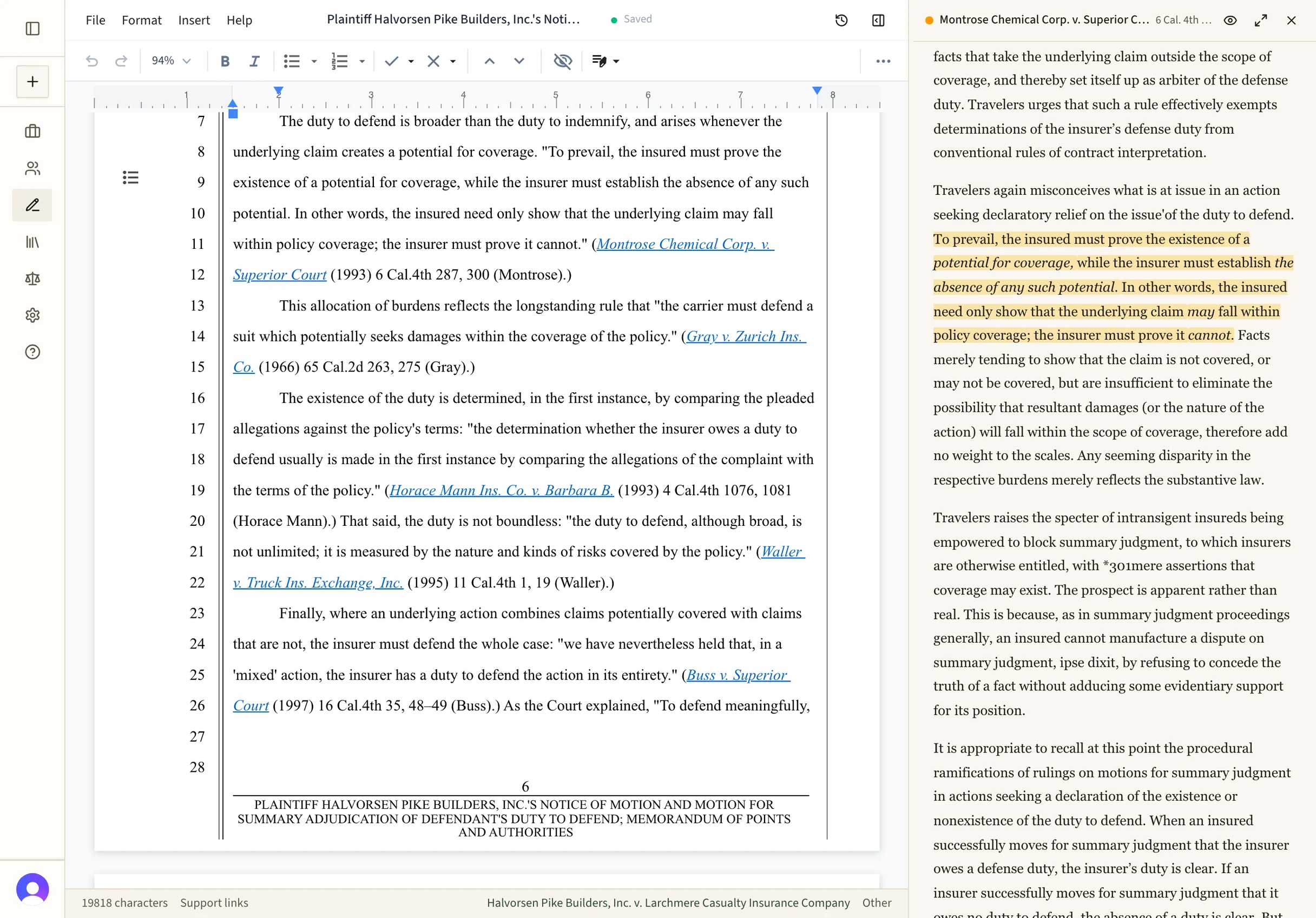 The Grounds editor with a motion on pleading paper, and the California Supreme Court opinion it cites open beside it at the highlighted quote.